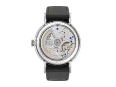 Nomos Glashütte Ludwig neomatik 41 Datum Automatik Edelstahl weißes Zifferblatt schwarzes Lederband – Herrenuhren Uhr mit Datum aus Edelstahl. Das Gehäuse ist rund und silber. Das Lederarmband ist schwarz. Das Zifferblatt ist römisch Index und weiß. – Ansicht 3
