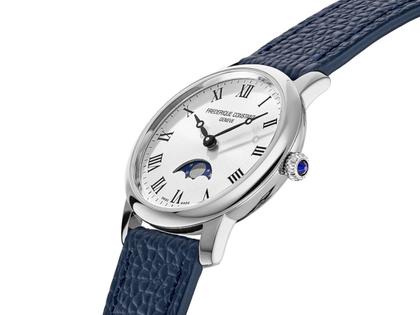 Frederique Constant Classics Slimline Ladies Moonphase Quarz Edelstahl 30mm weißes Zifferblatt blaues Lederband – Damenuhren Uhr ohne Datum aus Edelstahl und Leder. Das Gehäuse ist rund und silber. Das Lederarmband ist blau. Das Zifferblatt ist römisch und weiß. – Ansicht 2