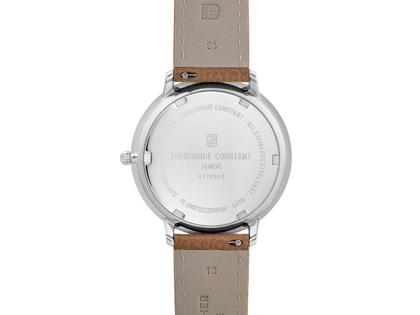 Frederique Constant Classics Moonphase Quarz Edelstahl 39mm blaues Zifferblatt braunes Lederband – Herrenuhren Uhr ohne Datum aus Edelstahl und Leder. Das Gehäuse ist rund und silber. Das Lederarmband ist braun. Das Zifferblatt ist römisch und blau. – Ansicht 3
