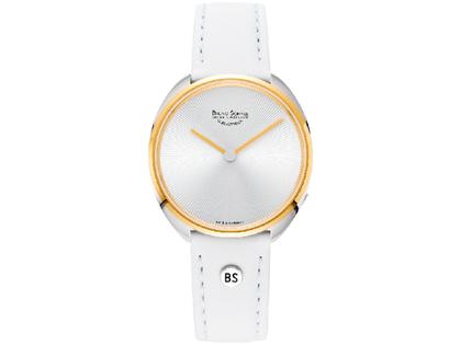 Bruno Söhnle Glashütte Salara Quarz Edelstahl gelbgold beschichtet silberfarben Lederband weiß – Damenuhren Uhr ohne Datum aus Edelstahl und IP beschichtet. Das Gehäuse ist rund und gelbgold. Das Lederarmband ist weiß. Das Zifferblatt ist ohne Zeichen und silber.