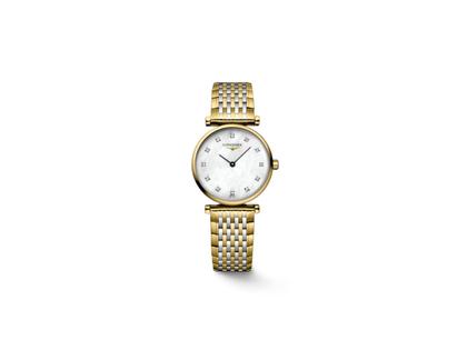 Longines La Grande Classique Quarz Edelstahl Gelbgold-PVD 24mm weißes Perlmutt-Zifferblatt mit Diamanten Metallband – Damenuhren Uhr ohne Datum aus Edelstahl und PVD beschichtet. Das Armband ist ein Edelstahlarmband. Der Zifferblatt ist ein Index.