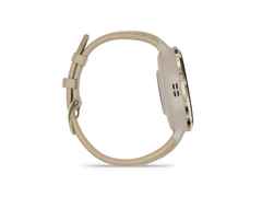 Garmin Venu 3S faserverstärktes Polymer French Grey 41mm beigefarbenes Lederband – Herrenuhren Uhr Multifunktion aus Edelstahl, Kautschuk, Kunststoff, Leder und PVD beschichtet. Das Gehäuse ist rund und beige. Das Lederarmband ist beige. Das Zifferblatt ist digital und schwarz. – Ansicht 4