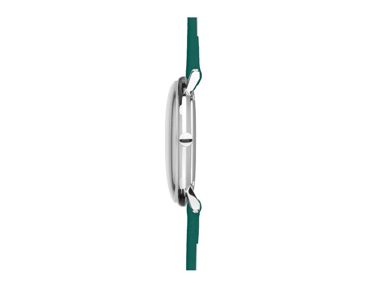 Junghans Max Bill Damen Quarz Edelstahl 32,7mm weißes Zifferblatt grünes Lederband – Damenuhren Uhr mit Datum aus Edelstahl. Das Gehäuse ist rund und silber. Das Lederarmband ist grün. Das Zifferblatt ist arabisch Index und weiß. – Ansicht 3