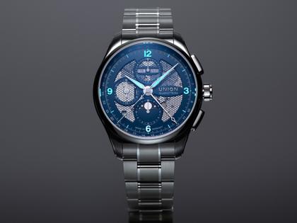 Union Glashütte Belisar Chronograph Mondphase Automatik Edelstahl 42mm blaues Zifferblatt Metallband – Herrenuhren Chronograph aus Edelstahl. Das Gehäuse ist rund und silber. Das Edelstahlarmband ist silber. Das Zifferblatt ist arabisch Index und blau. – Ansicht 8