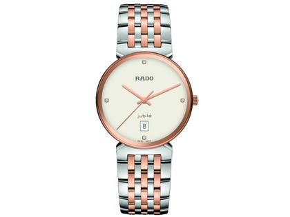 Herrenuhren Uhr mit Datum aus Edelstahl und PVD beschichtet. Das Gehäuse ist rund und silber-roségold. Das Edelstahlarmband ist silber-roségold. Das Zifferblatt ist ein Index in beige.