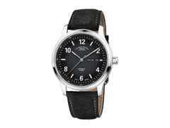 Mühle Glashütte Lunova Tag/Datum Automatik Titan 42,3mm schwarz-graues Zifferblatt graues Lederband – Herrenuhren Uhr mit Datum aus Titan. Das Gehäuse ist rund und silber. Das Lederarmband ist grau. Das Zifferblatt ist arabisch Index und schwarz.