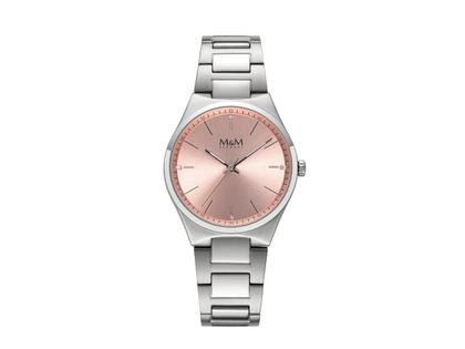 M&M New Classic Quarz Edelstahl 36mm rosa Zifferblatt Metallband – Damenuhren Uhr ohne Datum aus Edelstahl. Das Gehäuse ist rund und silber. Das Edelstahlarmband ist silber. Das Zifferblatt ist ein Index in roségold.