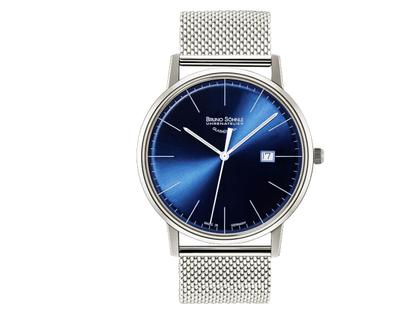 Bruno Söhnle Glashütte Stuttgart I BIG Quarz blau Index Milanaiseband – Herrenuhren Uhr mit Datum aus Edelstahl und Leder. Das Gehäuse ist rund und silber. Das Edelstahlarmband ist silber. Das Zifferblatt ist ein Index in blau.