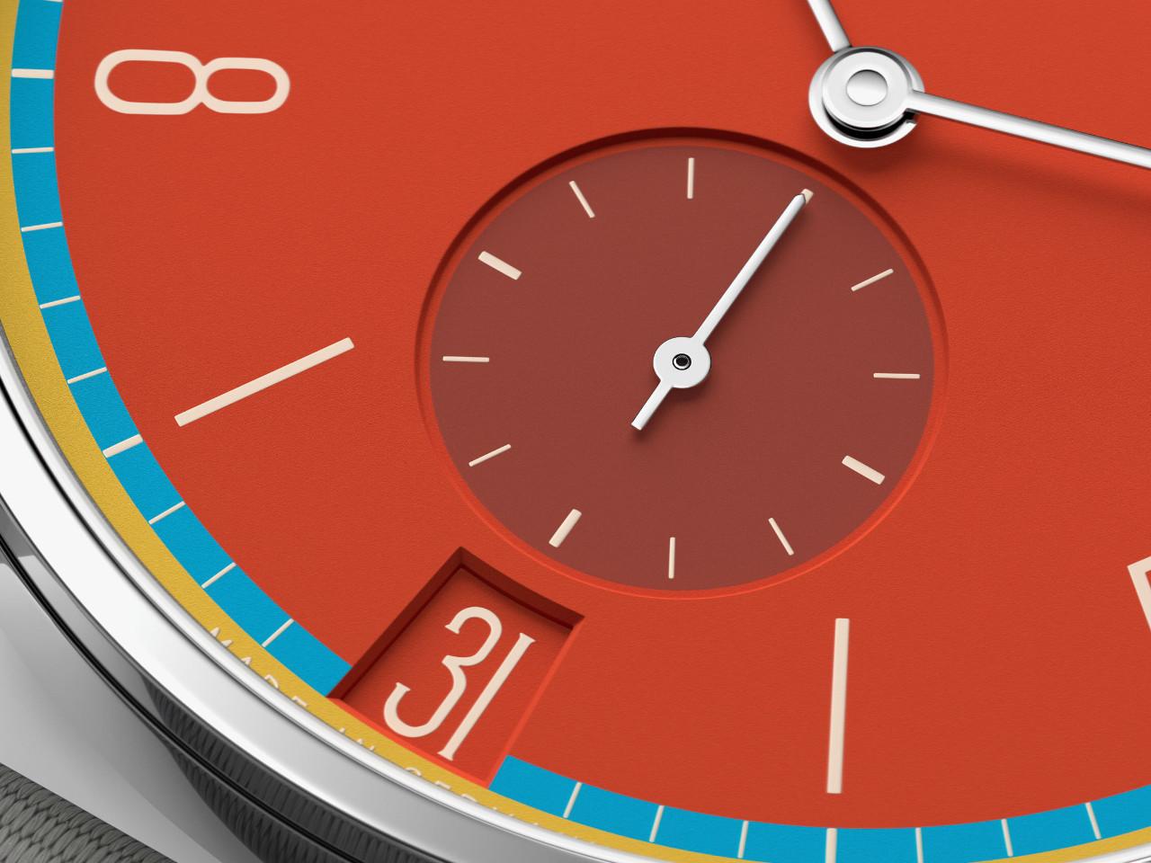 Nomos Glashütte Tangente 38 Datum "175 Years Watchmaking - Sportbunt" Handaufzug Edelstahl rotes Zifferblatt graues Textilband Glasboden – Herrenuhren Uhr mit Datum aus Edelstahl. Das Gehäuse ist rund und silber. Das Textilarmband ist grau. Das Zifferblatt ist arabisch Index und rot. – Ansicht 6