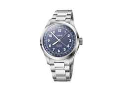 Oris Big Crown Pointer Date Automatik Edelstahl 40mm blaues Zifferblatt Metallband – Herrenuhren Uhr mit Datum aus Edelstahl. Das Gehäuse ist rund und silber. Das Edelstahlarmband ist silber. Das Zifferblatt ist arabisch und blau.