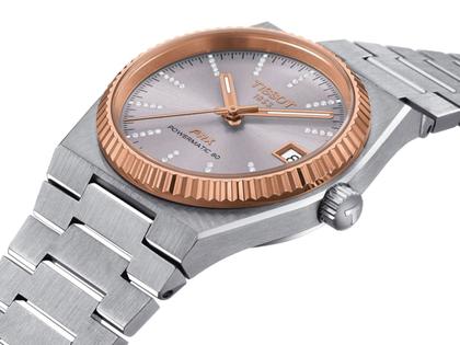 Tissot PRX Automatik Edelstahl 35mm graues Zifferblatt Metallband – Damenuhren Uhr mit Datum aus 750 Rotgold und Edelstahl. Das Gehäuse ist rund und silber. Das Edelstahlarmband ist silber. Das Zifferblatt ist ein Index in grau. – Ansicht 2