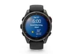 Garmin fenix 8 Pro 47mm AMOLED faserverstärktes Polymer und Titan DLC-Carbongrau digitales Zifferblatt schwarzes Silikonband – Herrenuhren Uhr Multifunktion aus DLC beschichtet, Kunststoff und Titan. Das Gehäuse ist rund und grau. Das Kautschuk / Kunststoff / Silikon Armband ist schwarz. Das Zifferblatt ist digital und schwarz.