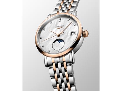 Longines Elegant Collection Quarz Edelstahl 30mm weißes Perlmutt-Zifferblatt zweifarbiges Metallband – Damenuhren Uhr mit Datum aus 750 Gelbgold, Edelstahl und vergoldet. Das Gehäuse ist rund und silber. Das Edelstahlarmband mit Gold ist silber-roségold. Das Zifferblatt ist ein Index in weiß. – Ansicht 2