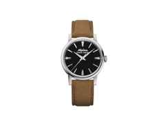 Alpina Heritage Tropic-Proof Handaufzug Edelstahl 34mm schwarzes Zifferblatt braunes Lederband – Herrenuhren Uhr ohne Datum aus Edelstahl und Leder. Das Gehäuse ist rund und silber. Das Lederarmband ist braun. Das Zifferblatt ist ein Index in schwarz.