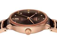 Rado Centrix Diamonds Automatik Edelstahl Roségold-PVD 35mm braunes Zifferblatt mit Brillanten Metallband – Damenuhren Uhr mit Datum aus Edelstahl, Keramik und PVD beschichtet. Das Gehäuse ist rund und roségold. Das Keramikarmband ist braun. Das Zifferblatt ist ein Index in braun. – Ansicht 3