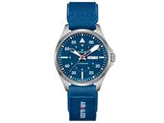 Hamilton Khaki Aviation Pilot Air Glaciers Edition Automatik Titan 42mm blaues Zifferblatt blaues Textilband – Herrenuhren Uhr mit Datum aus Titan. Das Gehäuse ist rund und silber. Das Textilarmband ist blau. Das Zifferblatt ist arabisch Index und blau.