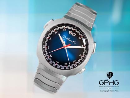 H. Moser & Cie. Streamliner Flyback Chronograph Funky Blue Automatic Edelstahl 42mm blaues Zifferblatt Metallband – Herrenuhren Chronograph aus Edelstahl. Das Gehäuse ist rund und silber. Das Edelstahlarmband ist silber. Das Zifferblatt ist arabisch und blau. – Ansicht 8