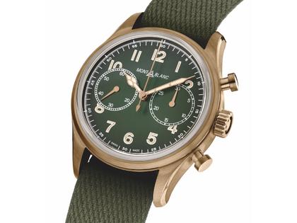 Montblanc 1858 Automatic Chronograph Bronze Limited Edition Khaki green – Herrenuhren Chronograph aus Titan. Das Gehäuse ist rund und roségold. Das Textilarmband ist grün. Das Zifferblatt ist arabisch Index und grün. – Ansicht 2