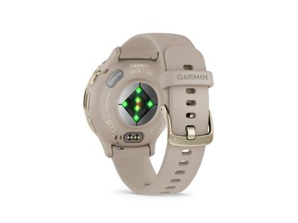 Garmin Venu 3S faserverstärktes Polymer French Grey 41mm beigefarbenes Kautschukband – Herrenuhren Uhr Multifunktion aus Edelstahl, Kautschuk, Kunststoff und PVD beschichtet. Das Gehäuse ist rund und beige. Das Kautschuk / Kunststoff / Silikon Armband ist beige. Das Zifferblatt ist digital und schwarz. – Ansicht 5