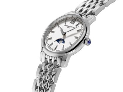 Frederique Constant Slimline Ladies Moonphase Quarz Edelstahl 30mm weißes Zifferblatt Metallband – Damenuhren Uhr ohne Datum aus Edelstahl. Das Gehäuse ist rund und silber. Das Edelstahlarmband ist silber. Das Zifferblatt ist römisch Index und weiß. – Ansicht 3