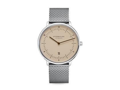Sternglas Naos XL Quarz Edelstahl 42mm braunes Zifferblatt Metallband – Herrenuhren Uhr mit Datum aus Edelstahl. Das Gehäuse ist rund und silber. Das Edelstahlarmband ist silber. Das Zifferblatt ist arabisch Index und braun.