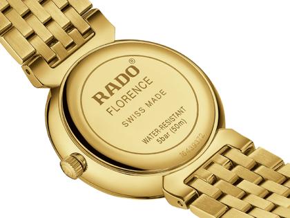 Rado Florence Diamonds Quarz Edelstahl Gelbgold-PVD 30mm gelbgoldfarbenes Zifferblatt Metallband – Damenuhren Uhr mit Datum aus Edelstahl und PVD beschichtet. Das Gehäuse ist rund und gelbgold. Das Edelstahlarmband ist gelbgold. Das Zifferblatt ist ein Index in gelbgold. – Ansicht 4