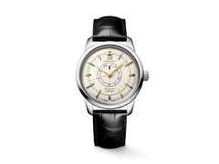 Longines Conquest Heritage Central Power Reserve Automatik Edelstahl 38mm champagnerfarbenes Zifferblatt schwarzes Lederband – Herrenuhren Uhr mit Datum aus Edelstahl und Leder. Das Gehäuse ist rund und silber. Das Lederarmband Kroko / Alligator ist schwarz. Das Zifferblatt ist ein Index in beige.