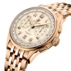 Breitling Premier B01 Chronograph 42 Automatik Rotgold beiges Zifferblatt Rotgoldband – Herrenuhren Chronograph aus 750 Rotgold. Das Gehäuse ist rund und roségold. Das Goldarmband ist roségold. Das Zifferblatt ist arabisch und beige. – Ansicht 2