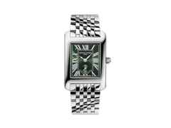 Frederique Constant Classics Carree Small Seconds Quarz Edelstahl 36x25mm grünes Zifferblatt Metallband – Damenuhren Uhr mit Datum aus Edelstahl. Das Gehäuse ist rechteckig und silber. Das Edelstahlarmband ist silber. Das Zifferblatt ist römisch und grün.