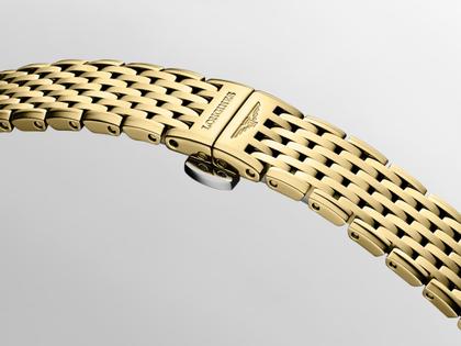 Longines La Grande Classique Quarz Edelstahl Gelbgold-PVD 29mm goldenes Zifferblatt mit Diamanten Metallband – Damenuhren Uhr ohne Datum aus Edelstahl und PVD beschichtet. Das Gehäuse ist rund und roségold. Das vergoldetes Edelstahlarmband ist silber-roségold. Das Zifferblatt ist römisch und schwarz. – Ansicht 3