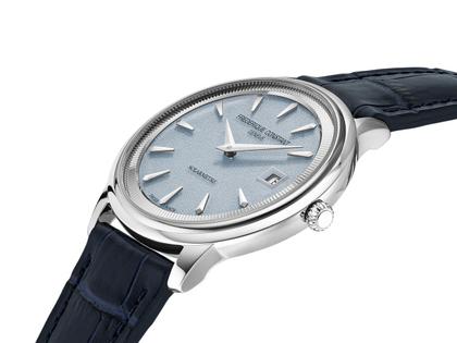 Frederique Constant Classics Moneta Solarmetre Quarz Edelstahl 39mm blaues Zifferblatt blaues Lederband und Metallband – Herrenuhren Uhr mit Datum aus Edelstahl. Das Gehäuse ist rund und silber. Das Lederarmband ist blau. Das Zifferblatt ist ein Index in blau. – Ansicht 4