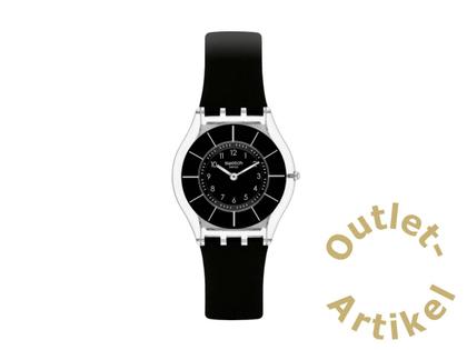 Swatch SS08K103 Black Classiness Again – Damenuhren Uhr ohne Datum aus Kunststoff. Das Gehäuse ist rund. Das Kautschuk / Kunststoff / Silikon Armband ist schwarz. Das Zifferblatt ist arabisch Index und schwarz.