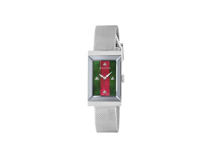 Gucci G-Frame Quarz Edelstahl 21x34mm rot-grünes Zifferblatt Metallband YA147401 – Damenuhren Uhr ohne Datum aus Edelstahl. Das Gehäuse ist rechteckig und silber. Das Edelstahlarmband ist silber. Das Zifferblatt ist ohne Zeichen und grün.