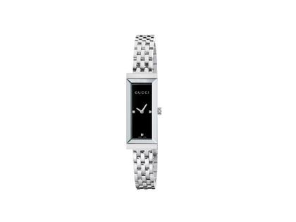 Gucci G-Frame Quarz Edelstahl 14x34mm schwarzes Zifferblatt Metallband YA127504 – Damenuhren Uhr ohne Datum aus Edelstahl. Das Gehäuse ist rechteckig und silber. Das Edelstahlarmband ist silber. Das Zifferblatt ist ein Index in schwarz.