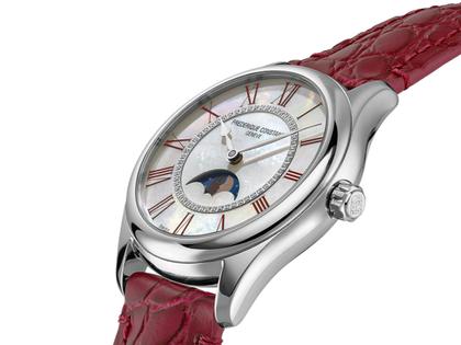 Frederique Constant Classics Elegance Luna Automatik Edelstahl 36mm weißes Zifferblatt pinkes Lederband – Damenuhren Uhr ohne Datum aus Edelstahl und Leder. Das Gehäuse ist rund und silber. Das Lederarmband ist rot. Das Zifferblatt ist römisch und weiß. – Ansicht 3