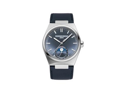 Frederique Constant Highlife Moonphase Date Manufacture Automatik Edelstahl 39mm blaues Zifferblatt Metallband und blaues Lederband – Herrenuhren Uhr mit Datum aus Edelstahl und Leder. Das Gehäuse ist rund und silber. Das Edelstahlarmband ist silber. Das Zifferblatt ist ein Index in blau. – Ansicht 4
