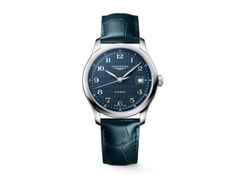 Longines Master Collection Automatik Edelstahl 39mm blaues Zifferblatt blaues Lederband – Herrenuhren Uhr mit Datum aus Edelstahl und Leder. Das Gehäuse ist rund und silber. Das Lederarmband ist blau. Das Zifferblatt ist arabisch und blau.
