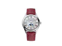 Frederique Constant Classics Elegance Luna Automatik Edelstahl 36mm weißes Zifferblatt pinkes Lederband – Damenuhren Uhr ohne Datum aus Edelstahl und Leder. Das Gehäuse ist rund und silber. Das Lederarmband ist rot. Das Zifferblatt ist römisch und weiß.