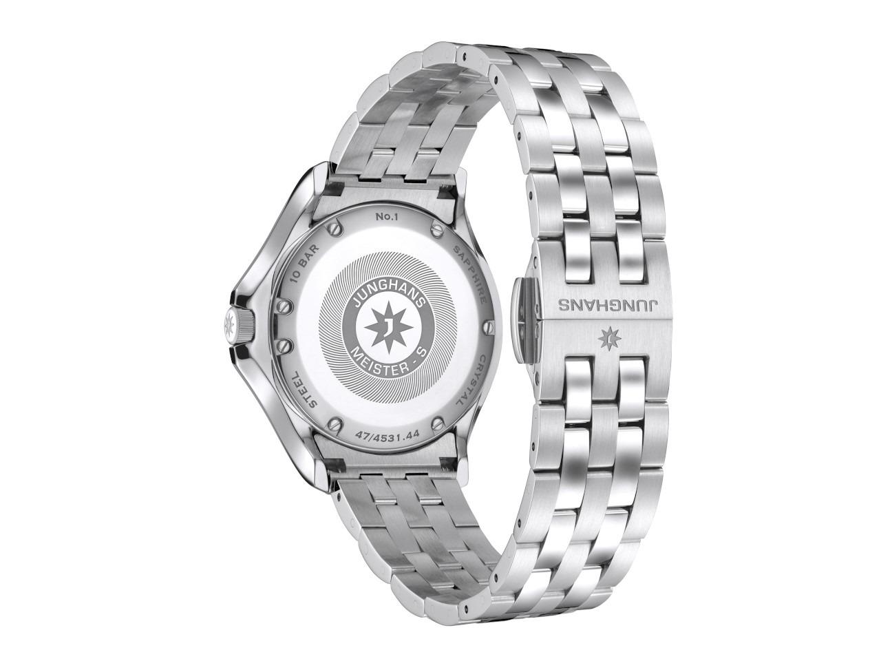 Junghans Meister S Quarz Edelstahl 35mm grünes Zifferblatt Metallband – Damenuhren Uhr mit Datum aus Edelstahl. Das Gehäuse ist rund und silber. Das Edelstahlarmband ist silber. Das Zifferblatt ist ein Index in grün. – Ansicht 2
