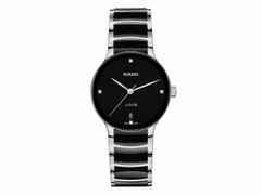 Rado Centrix Diamonds Quarz Edelstahl 35mm schwarzes Zifferblatt mit Brillanten schwarzes Keramikband – Damenuhren Uhr mit Datum aus Edelstahl und Keramik. Das Gehäuse ist rund und silber. Das Keramikarmband ist schwarz. Das Zifferblatt ist ein Index in schwarz.