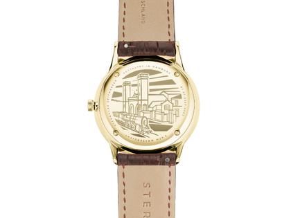 Sternglas Berlin Quarz Edelstahl Gelbgold-PVD 38mm beiges Zifferblatt braunes Lederband – Herrenuhren Uhr mit Datum aus Edelstahl, Leder und PVD beschichtet. Das Gehäuse ist rund und gelbgold. Das Lederarmband ist braun. Das Zifferblatt ist arabisch Index und beige. – Ansicht 4