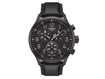 Tissot Chrono XL Vintage Edelstahl schwarz Lederband – Herrenuhren Chronograph aus Edelstahl. Das Gehäuse ist rund und schwarz. Das Lederarmband ist schwarz. Das Zifferblatt ist arabisch und schwarz.