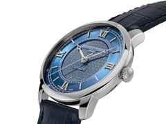 Frederique Constant Classics Premiere Automatik Edelstahl 38,5mm blaues Zifferblatt blaues Lederband – Herrenuhren Uhr ohne Datum aus Edelstahl und Leder. Das Gehäuse ist rund und silber. Das Lederarmband ist blau. Das Zifferblatt ist römisch Index und blau. – Ansicht 2
