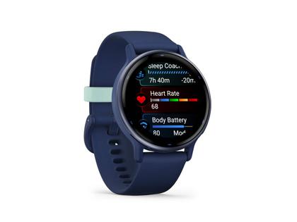 Garmin vívoactive 5 faserverstärktes Polymer marineblau 42mm marineblaues Kautschukband – Damenuhren Uhr Multifunktion aus eloxiertes Aluminium, Kautschuk, Kunststoff und PVD beschichtet. Das Gehäuse ist rund und blau. Das Kautschuk / Kunststoff / Silikon Armband ist blau. Der Zifferblatt ist digital. – Ansicht 7