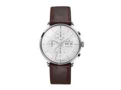 Junghans Meister Chronoscope Automatik Edelstahl 41mm versilbertes Zifferblatt braunes Lederband – Herrenuhren Chronograph aus Edelstahl und Leder. Das Gehäuse ist rund und silber. Das Lederarmband Strauß ist braun. Das Zifferblatt ist ein Index in silber.