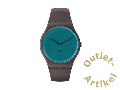 Swatch "Dark Duality" Quarz Kunststoff 41mm blaues Zifferblatt graues Silikonband – Herrenuhren Uhr ohne Datum aus Kunststoff. Das Gehäuse ist rund und grau. Das Kautschuk / Kunststoff / Silikon Armband ist grau. Das Zifferblatt ist ein Index in blau.