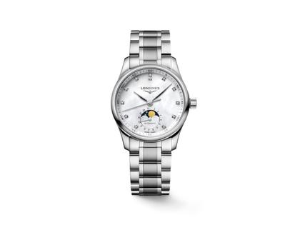 Longines Master Collection Automatik Edelstahl 34mm weißes Perlmutt-Zifferblatt mit Diamanten Metallband – Damenuhren Uhr mit Datum aus Edelstahl. Das Gehäuse ist rund und silber. Das Edelstahlarmband ist silber. Das Zifferblatt ist ein Index in weiß.
