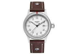 Hanhart Pioneer One weißes Zifferblatt braunes Lederband – Herrenuhren Uhr mit Datum aus Edelstahl. Das Gehäuse ist rund und silber. Das Lederarmband ist braun. Das Zifferblatt ist arabisch und weiß.