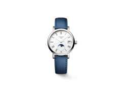 Longines Elegant Collection Quarz Edelstahl 30mm weißes Zifferblatt blaues Lederband – Damenuhren Uhr mit Datum aus Edelstahl und Leder. Das Gehäuse ist rund und silber. Das Lederarmband ist blau. Das Zifferblatt ist römisch und weiß.