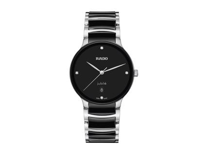 Rado Centrix Diamonds Quarz Edelstahl 39,5mm schwarzes Zifferblatt Metallband – Herrenuhren Uhr mit Datum aus Edelstahl und Keramik. Das Gehäuse ist rund und silber. Das Keramikarmband ist schwarz. Das Zifferblatt ist ein Index in schwarz.